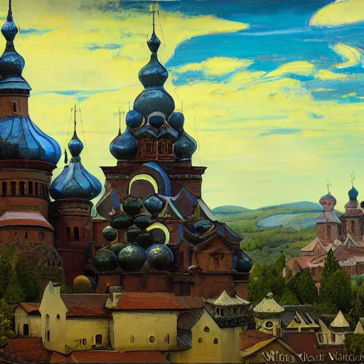 Image similar to photo beautiful magical ancient Slavic Russian city of Kitezh, fisheye lens, painting by Viktor Vasnetsov, concept art, magical city, fantasy cityscape, ancient Slavs, wooden buildings, ancient Russian architecture, terem, hyperborea, painting by Nicholas Roerich, top cinematic lighting , cinematic mood, very detailed, 8k, high resolution, trending on artstation, artstationHD,