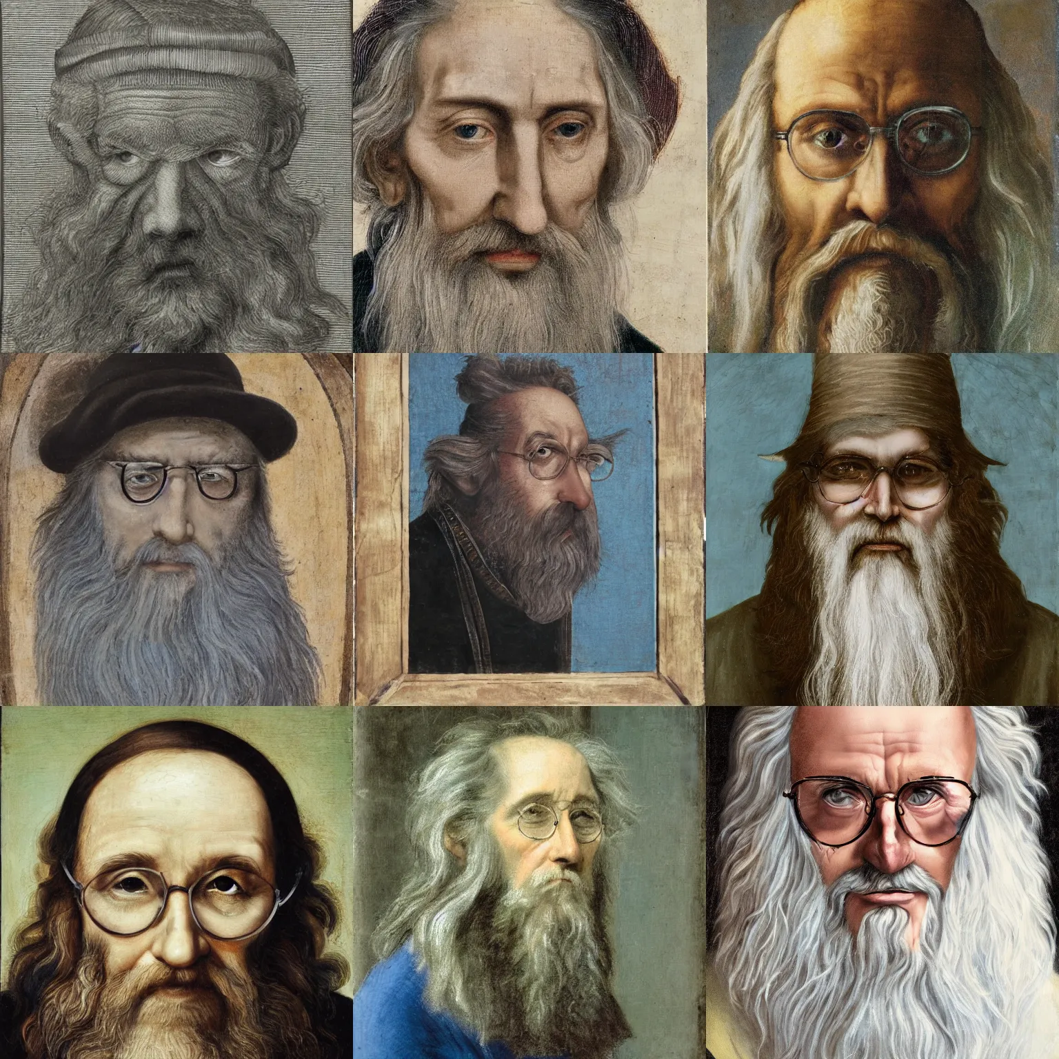 Prompt: face portrait of a thin very old wizard with long silver hair and beard and light blue eyes, small half - moon glasses and a long crooked nose, highly detailed, renaissance painting