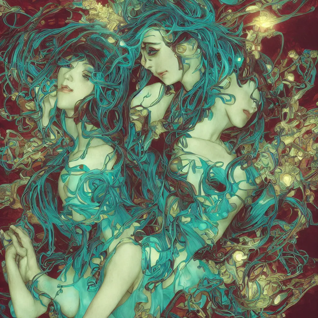 Image similar to rich blue and green and aqua and teal fungus monsters by artgerm and beksinki, red veins by alphonse mucha, intense lighting, light beams, lens flare, intricate, elegant, nightmare, highly detailed, digital painting, artstation, concept art, smooth, sharp focus, illustration