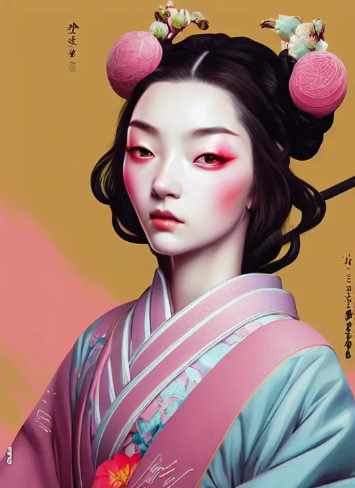 Image similar to dreamlike luxury stunning oiran portrait, pink pastel colours kimono, art by artgerm, wlop, loish, ilya kuvshinov, 8 k realistic, hyperdetailed, beautiful lighting, detailed background, depth of field, symmetrical face, frostbite 3 engine, cryengine,