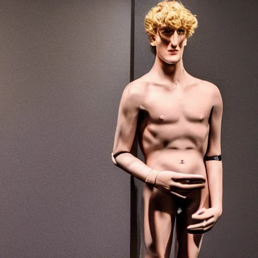 Image similar to a realistic detailed photo of a guy who is an attractive humanoid who is half robot and half humanoid, who is a male android, boxer and youtuber logan paul, shiny skin, posing like a statue, blank stare, at the museum, on display