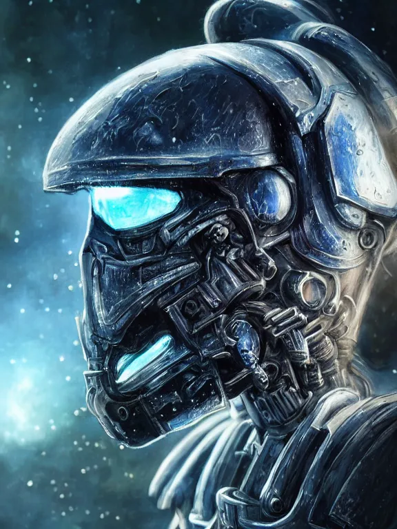 Image similar to portrait art of 8k ultra realistic undead space marine, side profile, galaxy reflection ion in helmet, deep space , detailed intricate ornate armour,eldritch horror,blade runner, cybernetic, full of colour, cinematic lighting, trending on artstation, 4k, hyperrealistic, focused, extreme details,unreal engine 5, cinematic, masterpiece, art by ayami kojima, giger