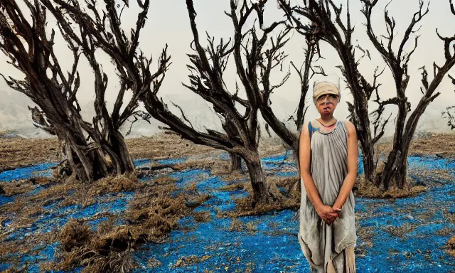 Image similar to medium shot of a nondescript crying ancient dried up Danu, peaceful, facing the camera and standing in front of a dried up river in a desolate land, dead trees, blue sky, hot and sunny with light rain but no clouds, highly-detailed, elegant, dramatic lighting, artstation, 4k, cinematic landscape, photograph by Elisabeth Gadd