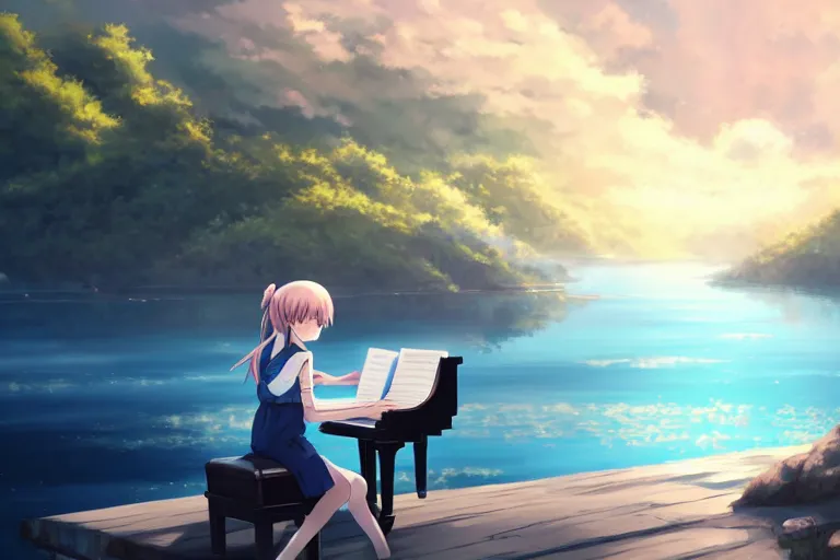 Image similar to Anime girl playing piano on blue water, far away, landscape, scenery, Cushart Krenz, Shinkai Makoto, by Lluluchwan, lots of details, highly detailed, 4k