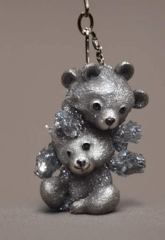 Image similar to a small cute crystal bear keychain figurine by greg rutkowski, sung choi, mitchell mohrhauser, maciej kuciara, johnson ting, maxim verehin, peter konig, 8 k photorealistic, cinematic lighting, hd, high details, dramatic, atmosphereric, trending on artstation