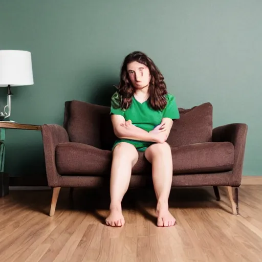 Prompt: a sad woman with brown hair in a green t - shirt wearing blue denim shorts sitting on a brown sofa. she has given up on her fantasy football team