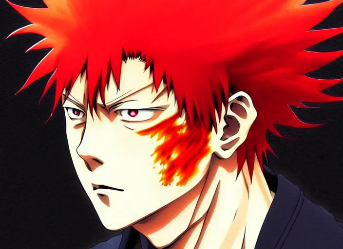 Image similar to a anime portrait of a man with flaming hair, close up, jujutsu kaisen!! finely detailed features, sharp focus, perfect art, scenic background, intricate, anime, illustration, artstation, trending on pixiv fanbox, painted by studio ghibli, yoji shinkawa, mappa