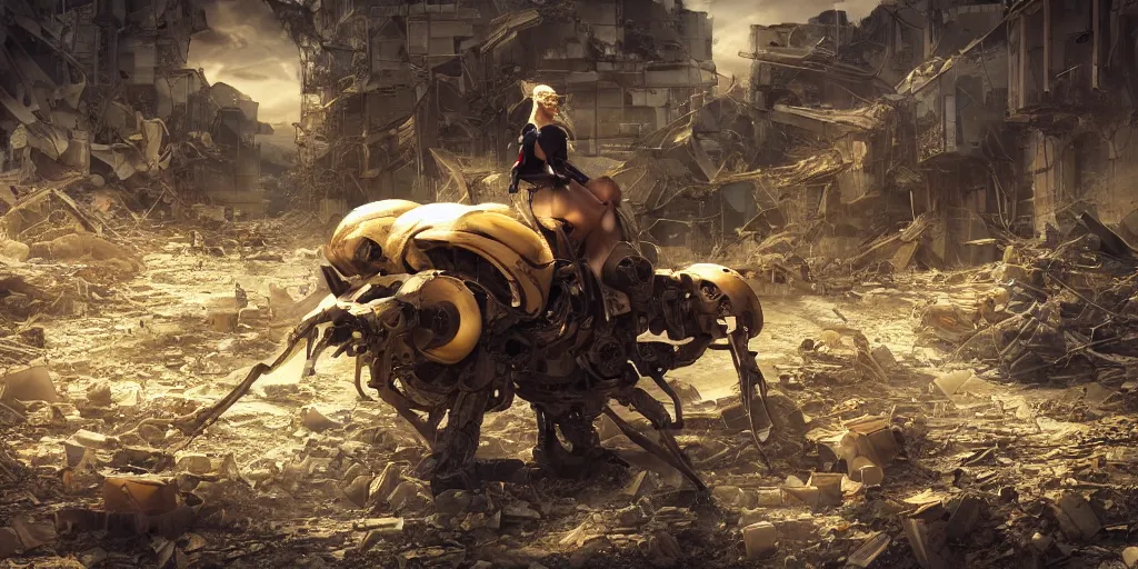 Image similar to a beautiful blond woman riding a giant robot ant in a destroyed city, 8 k, moody lighting, shallow depth of field,