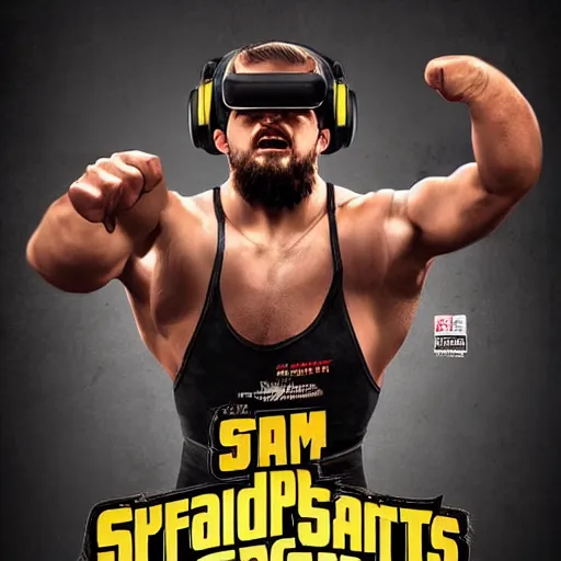 Prompt: poster art of wrestlers wearing vr headsets shrugging, shruggin arms, gta cover, apex legends, tap out, ufc, 8 k, hd, professional digital illustration by sam spratt