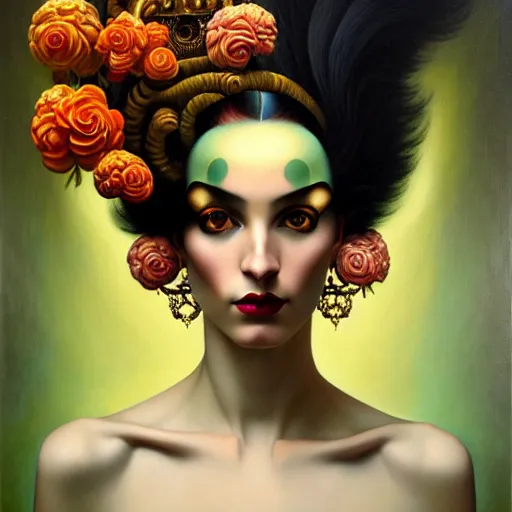 Image similar to dynamic composition, a painting of a woman with hair of flowers and raven plummage wearing ornate earrings, a surrealist painting by tom bagshaw and jacek yerga and tamara de lempicka and jesse king, featured on cgsociety, pop surrealism, surrealist, dramatic lighting, wiccan, pre - raphaelite, ornate gilded details