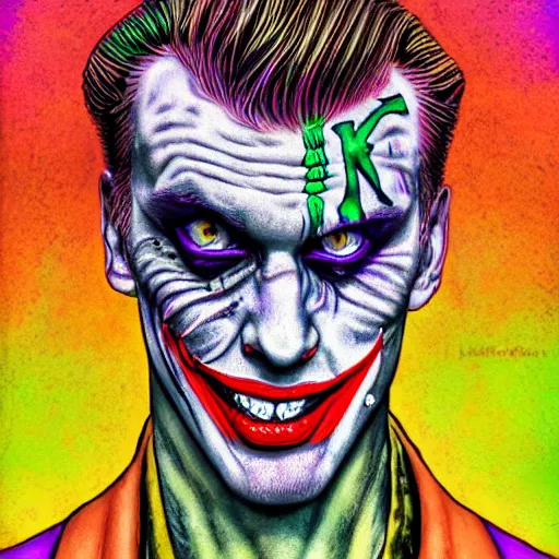 Prompt: an extremely psychedelic portrait of mgk as the joker, surreal, lsd, face, detailed, intricate, elegant, lithe, highly detailed, digital oth, sharp focus, illustration,