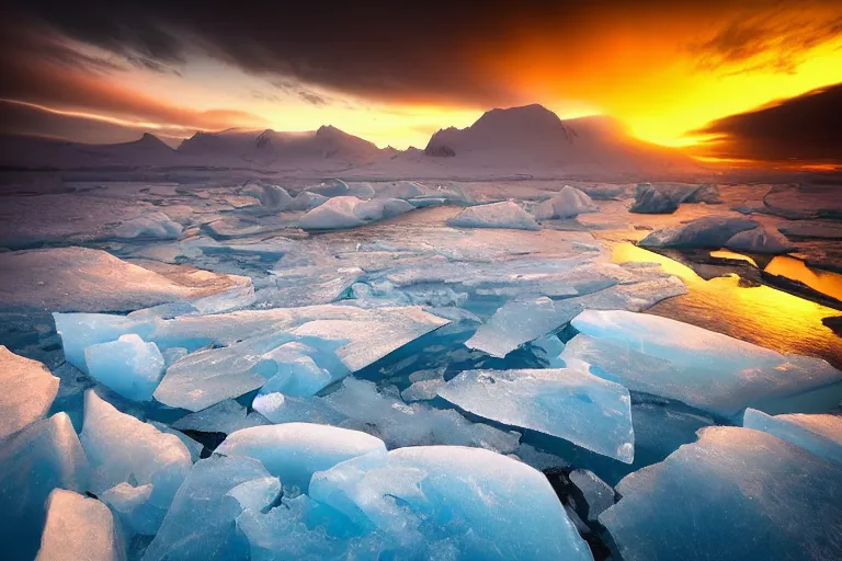 Image similar to moody landscape photography by marc adamus, greenland, sunset, ice