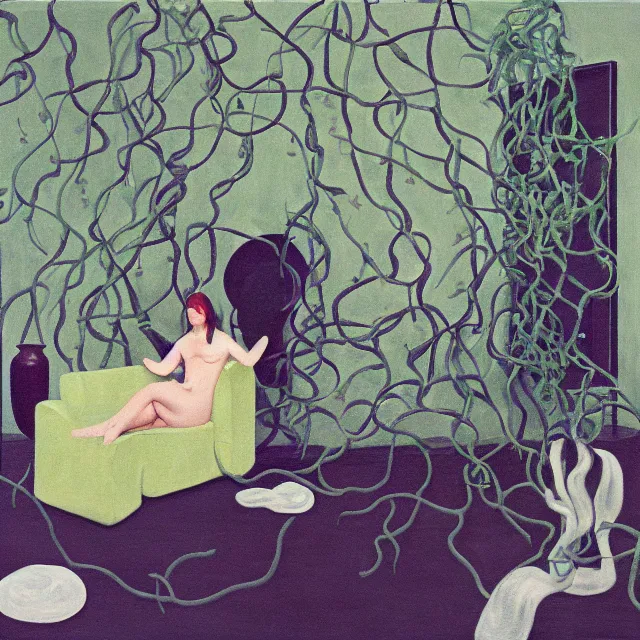 Image similar to a female pathology student in her apartment, wrapped in vines, medical equipment, stepping stones, octopus, fur seal, black walls, ikebana, black armchair, sculpture, acrylic on canvas, surrealist, by magritte and monet