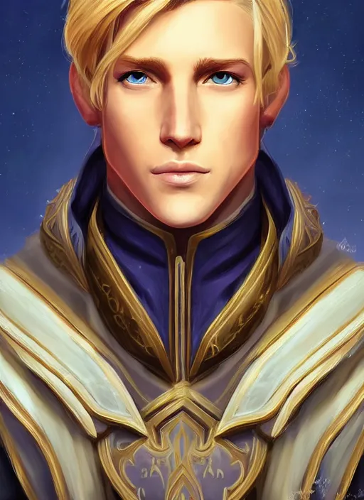 Image similar to portrait of anduin wrynn from wow, in julie shuploc damgaard style, artstation, very beautiful detailed symmetrical face, blonde hair, bright colors, diffuse light, fantasy illustration