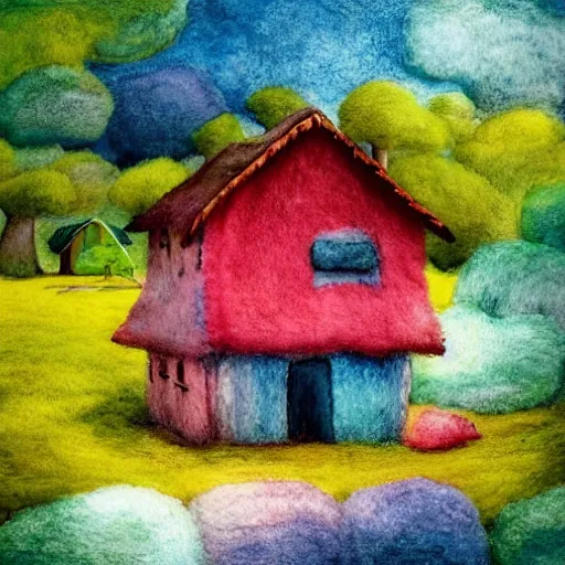 Prompt: small wooden house in the middle of spring forest, bright colours, watercolor, volumetric wool felting, macro photography, children illustration, by goro fujita