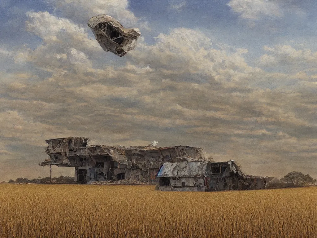 Image similar to A fantastic painting of a dilapidated post-modern building on a wheat field with an abandoned spaceship parked on the roof of the building, by Miles Johnston, Trending on artstation, very detailed