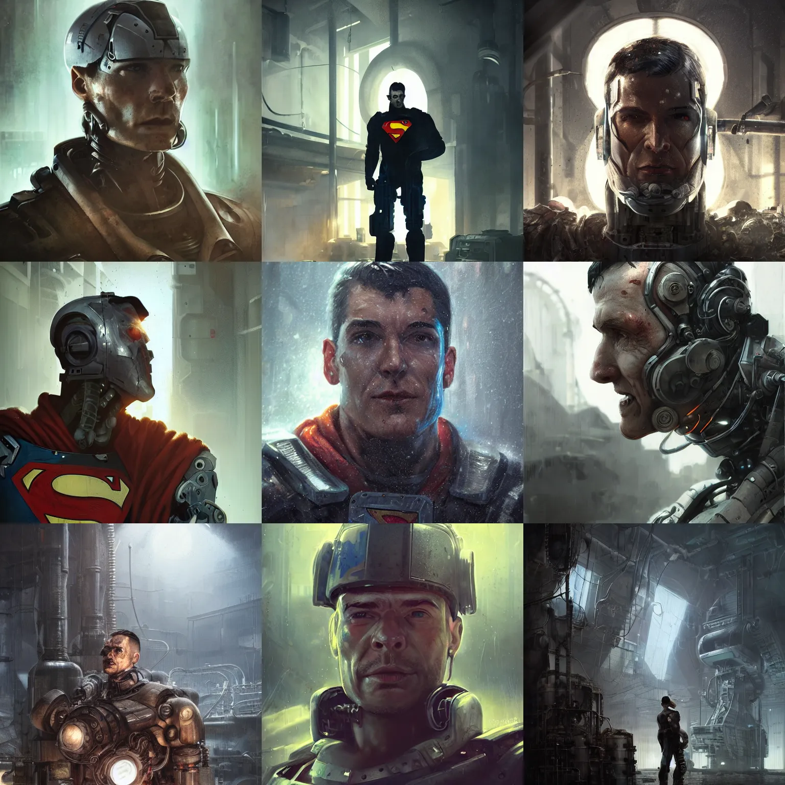 Prompt: a rugged engineer superman with cybernetic enhancements in a melting factory, scifi character portrait by greg rutkowski, esuthio, craig mullins, 1 / 4 headshot, cinematic lighting, dystopian scifi gear, gloomy, profile picture, mechanical, half robot, implants, steampunk