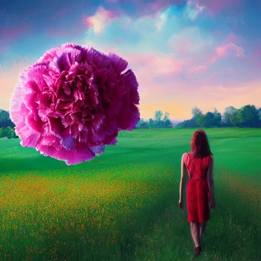 Prompt: head of carnations flower, full body, girl walking in a flower field, surreal photography, sunrise dramatic light, impressionist painting, colorful clouds, digital painting, artstation, simon stalenhag, flower face