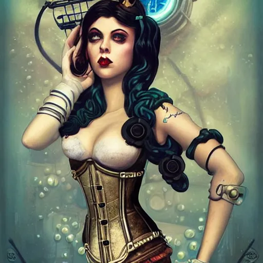 Image similar to lofi underwater bioshock steampunk portrait, wearing corset, Pixar style, by Tristan Eaton Stanley Artgerm and Tom Bagshaw.