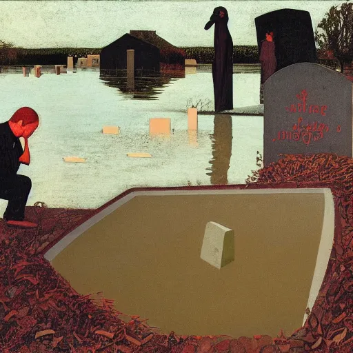 Image similar to by horace pippin, by serge marshennikov threatening. the computer art shows a grave that has been flooded with water. the grave is located in a cemetery in italy. the water in the grave is dirty & there is trash floating in it. the grave is surrounded by a fence.