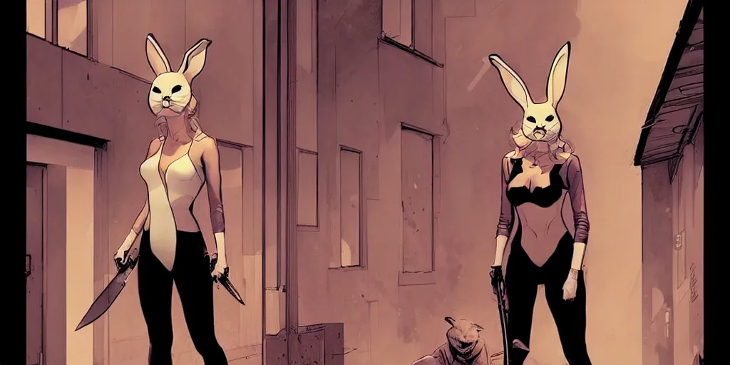 Image similar to style of Jaime McKelvie and Joshua Middleton comic book art, cinematic lighting, realistic, bunny mask female villain holding a bloody kitchen knife, standing in an alleyway, full body sarcastic pose, symmetrical, realistic body, knee high socks, rioters, people fighting, The Purge, night, horror, dark color palette