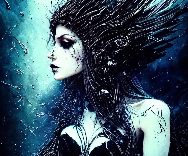 Image similar to stunning otherworldly gothic goddess of beauty, dark and mysterious, atmospheric, ominous, eerie, cinematic, epic, 8 k, 4 k, ultra detail, ultra realistic, rendered by awesomeness. nights falling wind is blowwing snow is pilling concept art in style of carne griffiths artwork by xsullo