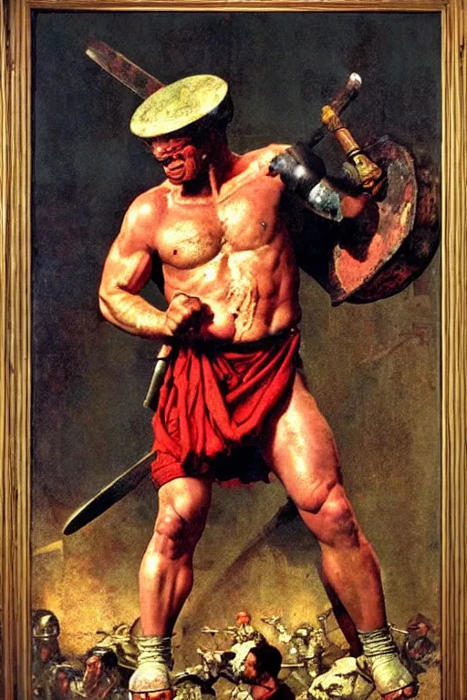 Image similar to popeye as a gladiator in ancient rome, masterpiece, dramatic light and shadow, saturated colors, ciaroscuro. painted by norman rockwell