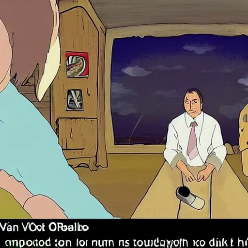 Image similar to viktor orban in a studio ghibli movie, screenshot