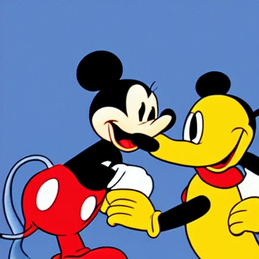 Prompt: Mickey mouse eating a duck while donald duck watches