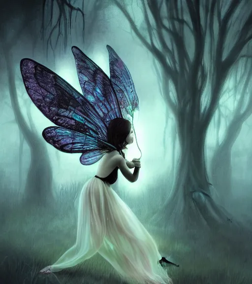 Prompt: gothic fairy with dragonfly wings, digital painting, liminal eerie midnight backlit, a picture taken by Michael Komarck