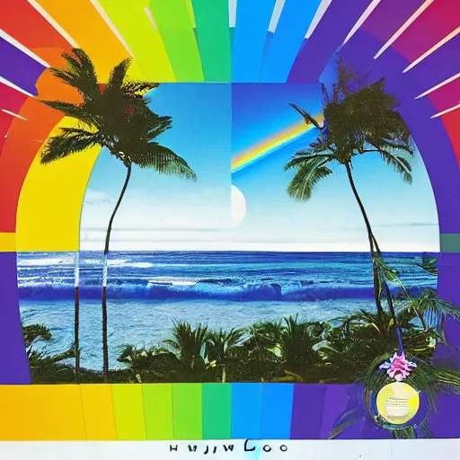 Image similar to miracle musical Hawaii part ii album cover, showing an ocean in the background, spiral transparent stairs on the left with tall palm trees behind it, a slight rainbow in the background, white outline border, moon in the right top area black and white except for the rainbow album cover rainbow text in the center reading Hawaii part ii, 80s Japanese