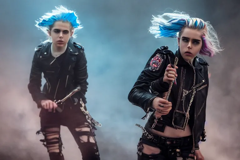 Prompt: promotional image of kiernan shipka as a british punk rocker in a new movie, blue dyed hair, leather clothes, heavy makeup, detailed face, movie still frame, promotional image, imax 70 mm footage