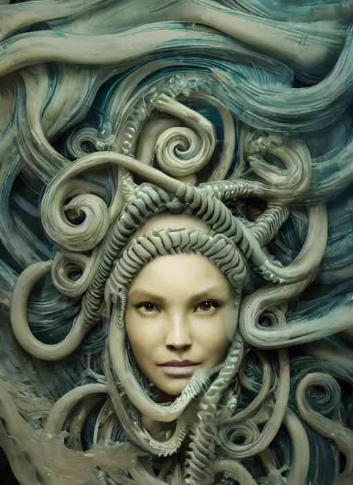 Image similar to biomechanical medusa made of soft wax, wooden art nouveau swirls, strong subsurface scattering, cables, tubes, subsurface scattering, in the style of ruan jia and beeple and giger, subsurface scattering, mystical colors, rim light, dramatic lighting, 8 k, stunning scene, raytracing, octane render, trending on artstation