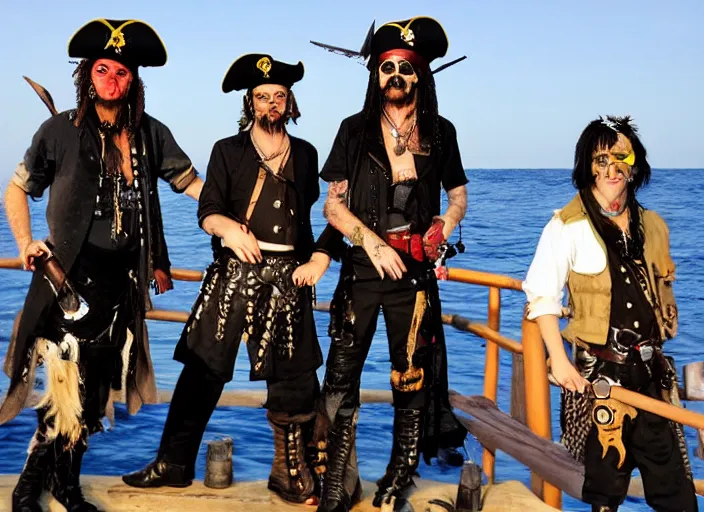 Prompt: Pirates on the open sea, dressed as punk rockers