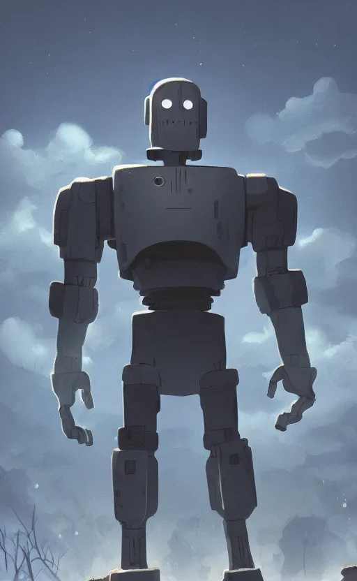 Image similar to iron giant standing near his farm, dynamic lighting, photorealistic fantasy concept art, trending on art station, stunning visuals, creative, cinematic, ultra detailed