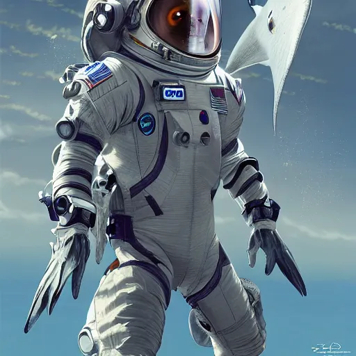 Image similar to a shark in a astronaut suit, 3d, sci-fi fantasy, intricate, elegant, highly detailed, lifelike, photorealistic, digital painting, artstation, illustration, concept art, sharp focus, art in the style of Shigenori Soejima