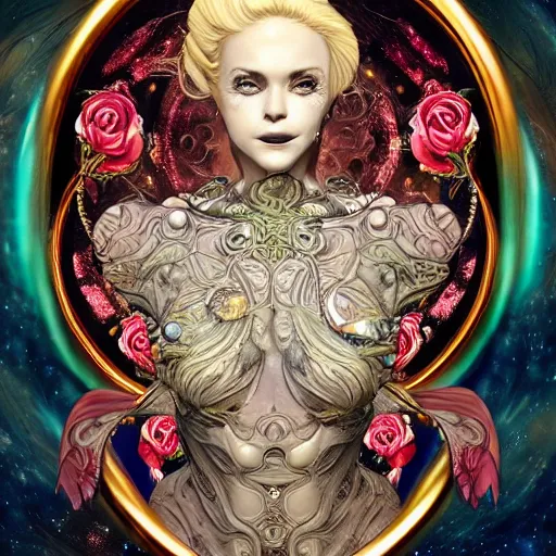 Image similar to blonde girl in a cosmic dress, full-body tattoos, ornate, rococo, grotesque, zbrush art, majestic, organics, silver filigree, colorful, dark fantasy, celtic knot, anatomical, h r giger style, moebius, frank frazetta, ornate, art nouveau, symmetrical, turquoise jewelry, red smoke, roses, unbiased render, rotten, Emil melmoth, eerie, macabre, haunting + insanely detailed and intricate, floral, faded pink, hypermaximalist, elegant, vintage, hyper realistic, super detailed, pastel colors,