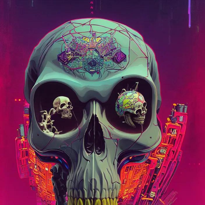 Prompt: a beautiful painting of a ( cyberpunk ) skull by simon stalenhag and pascal blanche and alphonse mucha! and nekro!! and josan gonzalez. in style of digital art. colorful comic, film noirs, symmetry, brush stroke, vibrating colors, hyper detailed. octane render. trending on artstation