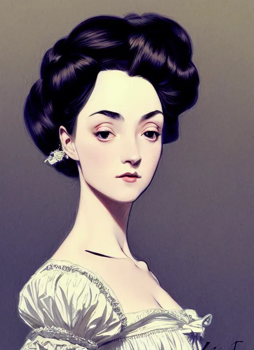 Prompt: 3 / 4 view of a portrait of woman in victorian clothing, confident pose, intricate, elegant, sharp focus, illustration, highly detailed, concept art, matte, trending on artstation, anime, art by james jean and artgerm and brian despain, ilya kuvshinov, strong strokes,