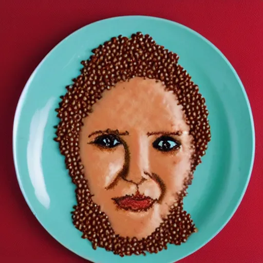 Prompt: Female Portrait, made of baked beans.