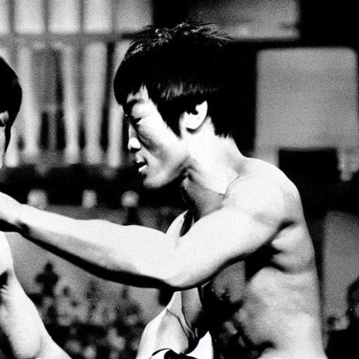 Image similar to bruce lee fighting a heavyweight champion, ufc broadcast, pay per view