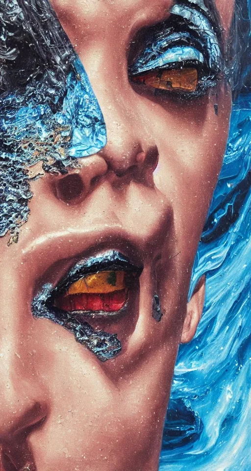 Prompt: hyperrealism oil painting, close-up view, portrait of angry fashion model , melted cyborg, ocean pattern and night sky, in style of classicism mixed with 70s japan book art