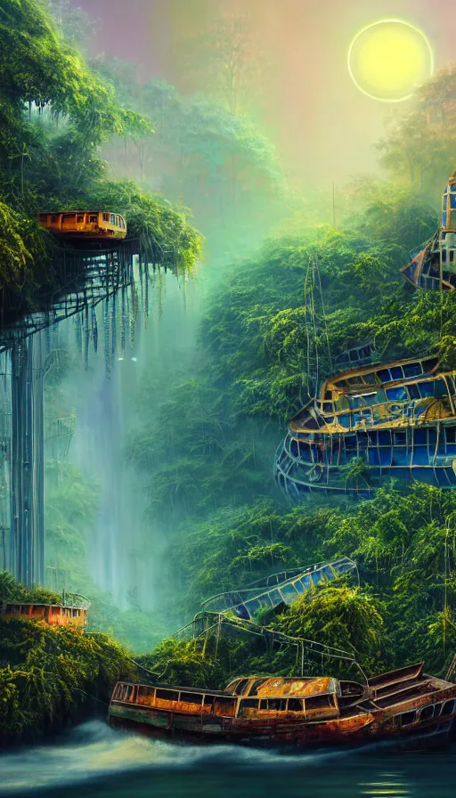 Image similar to a beautiful photorealistic painting of shipwreck nature urbex architecture city industrial architecture by frank gehry, sea reclaimed by nature rainforest flowers lightpaint tron nightvision synthwave morning sun sunlight nightsky uv light magic realism at night laser, archdaily, wallpaper, highly detailed, trending on artstation.