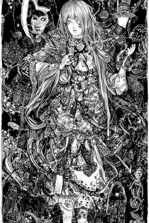 Image similar to Rave Alice in wonderland tarot card , pen and ink, intricate line drawings, by Yoshitaka Amano, Ruan Jia, Kentaro Miura, Artgerm, watercolor