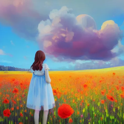 Image similar to girl with a flower face, surreal photography, dream, standing in flower field, magical, in a valley, sunrise dramatic light, impressionist painting, colorful clouds, artstation, simon stalenhag, flower face