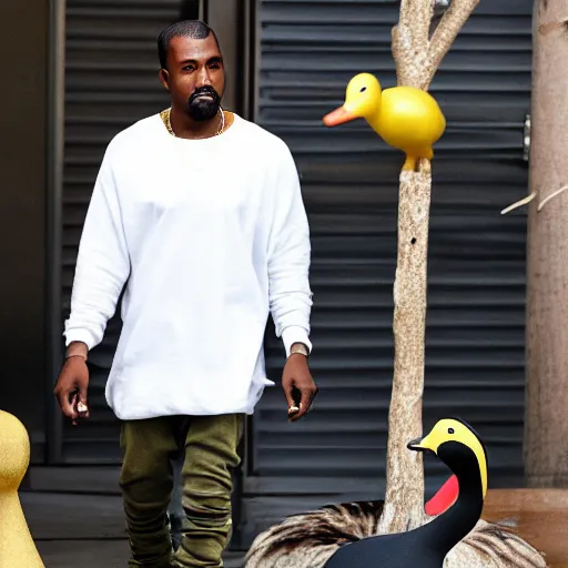 Image similar to a paparazzi photo of kanye west walking next to a giant duck