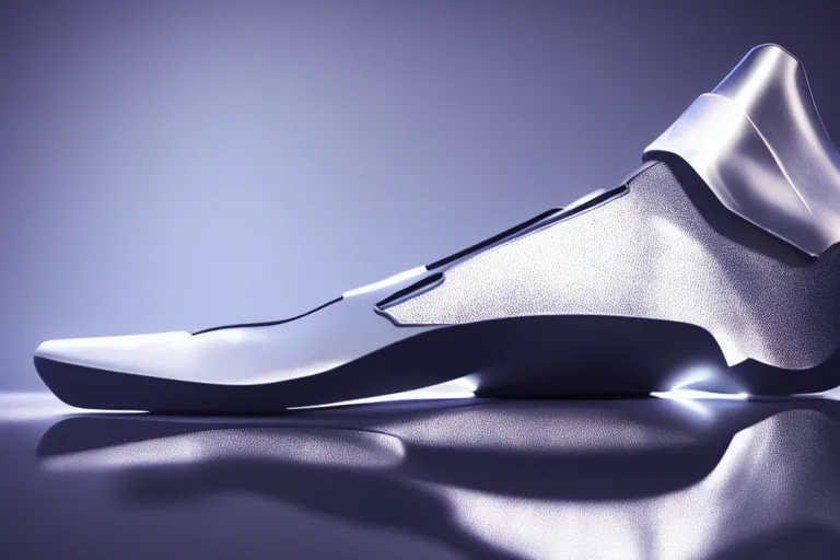 Image similar to still photo of a futuristic shoe, highly detailed, photorealistic shot, bright studio setting, studio lighting, crisp quality and light reflections, unreal engine 5 quality render