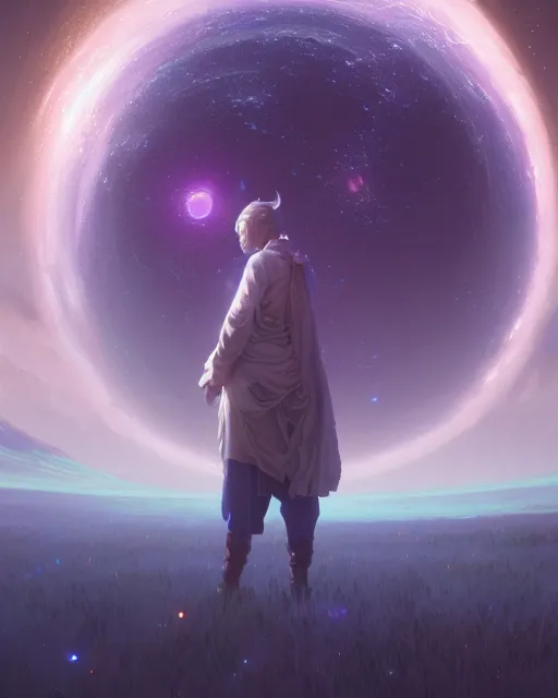 Image similar to highly detailed surreal vfx portrait of a futuristic mage in a rural farm with planets in background, stephen bliss, unreal engine, greg rutkowski, loish, rhads, beeple, makoto shinkai and lois van baarle, ilya kuvshinov, rossdraws, tom bagshaw, alphonse mucha, global illumination, detailed and intricate environment