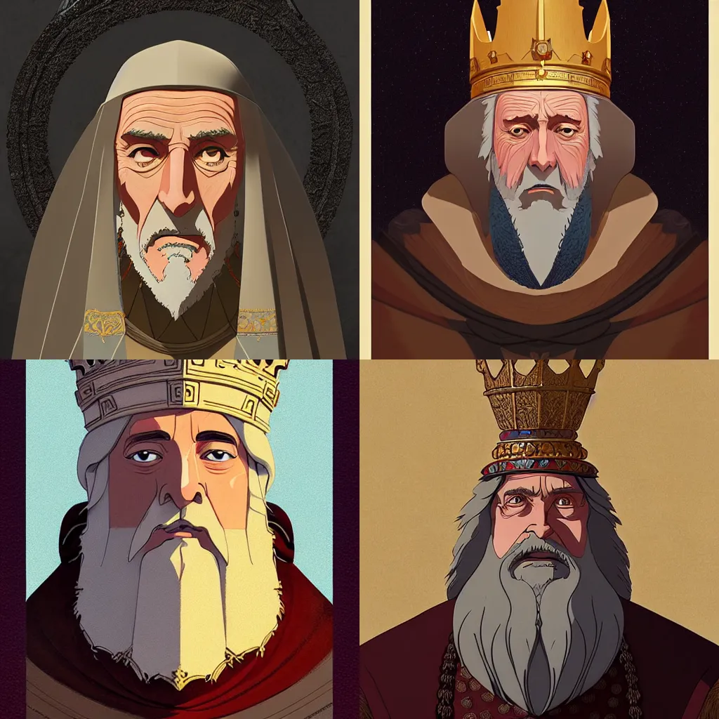 Prompt: portrait of a medieval old king, elegant, highly detailed, digital painting, artstation, smooth, art by studio ghibli and disney and tom whalen and jean giraud and moebius, 8 k
