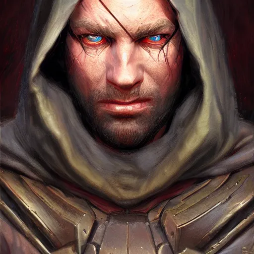 Image similar to the hooded doomslayer as a realistic d & d fantasy character, closeup portrait art by donato giancola and greg rutkowski, vintage retro, realistic face, digital art, trending on artstation, symmetry!!